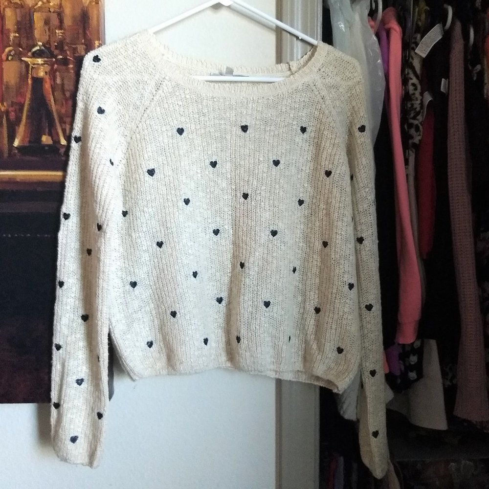 Textured Sweater Oatmeal Pullover Navy Blue Hearts